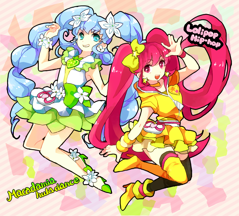 2girls, aino_megumi, alternate_form, asymmetrical_legwear, blue_eyes, blue_hair, bow, cure_lovely
