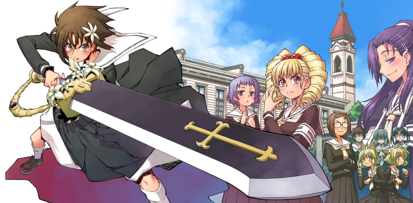 blonde_hair, blush, brown_hair, character_request, drill_hair, everyone, flower, hair_flower
