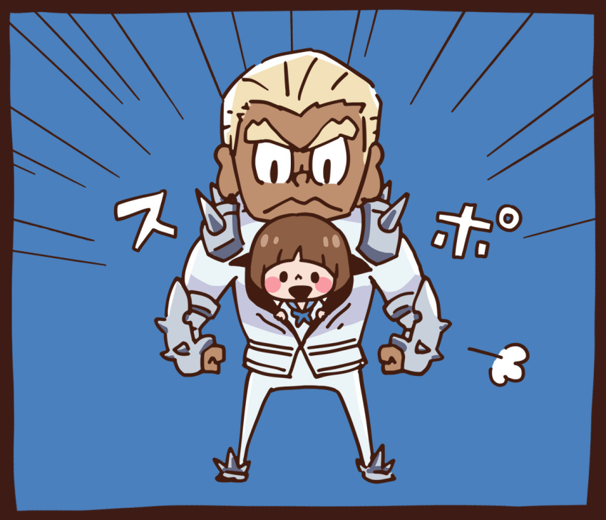 1boy, 1girl, blonde_hair, brown_hair, chibi, dark_skin, gamagoori_ira, kanahei