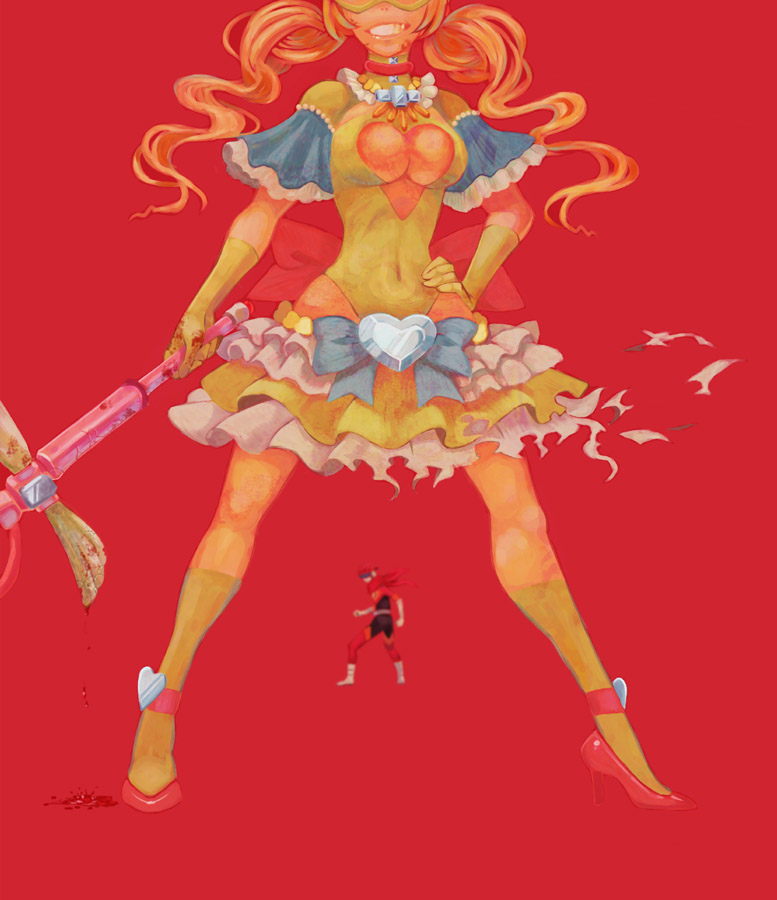 1boy, 1girl, blood, blood_splatter, breasts, cleavage, cleavage_cutout, costume