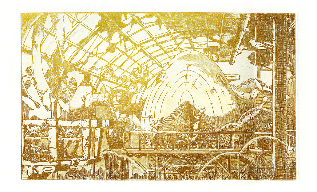 airship, dirigible, etching, gradient, monochrome, original, railing, sakanaya, shipyard, yellow