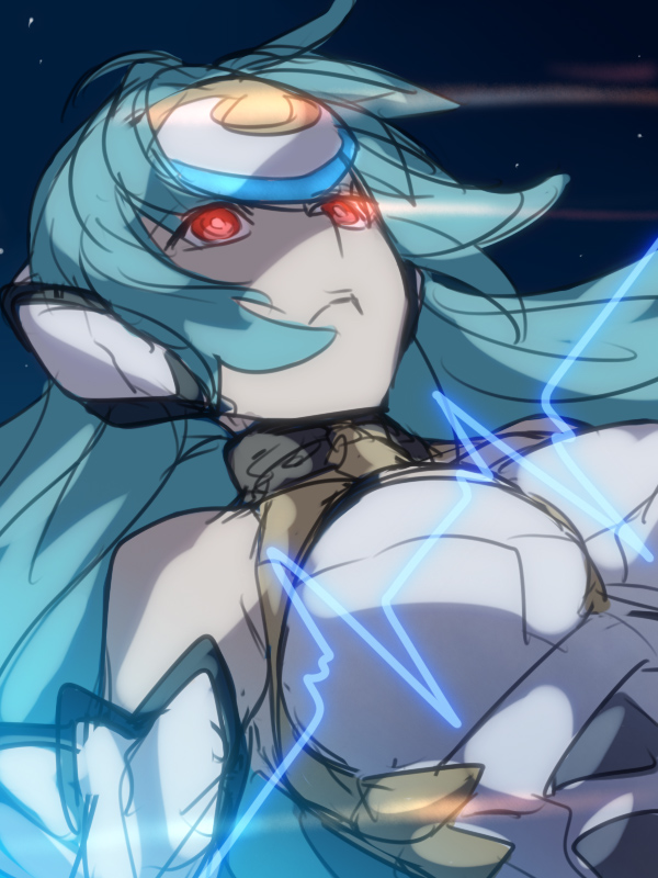 ban, blue_hair, floating, glowing, glowing_eyes, headgear, kos-mos, lens_flare