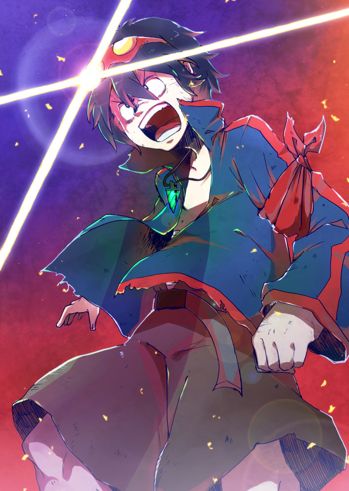 1boy, blue_hair, fuuchisou, goggles, goggles_on_head, lens_flare, male, open_mouth, shouting, simon, solo, tengen_toppa_gurren_lagann, younger