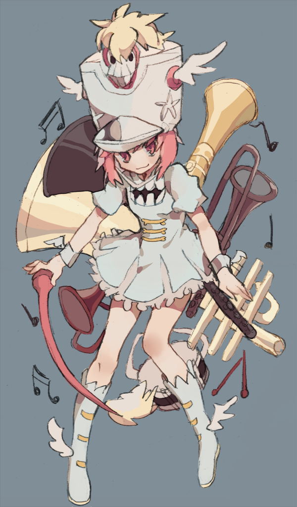 1girl, baton, boots, dress, drum, hat, instrument, jakuzure_nonon