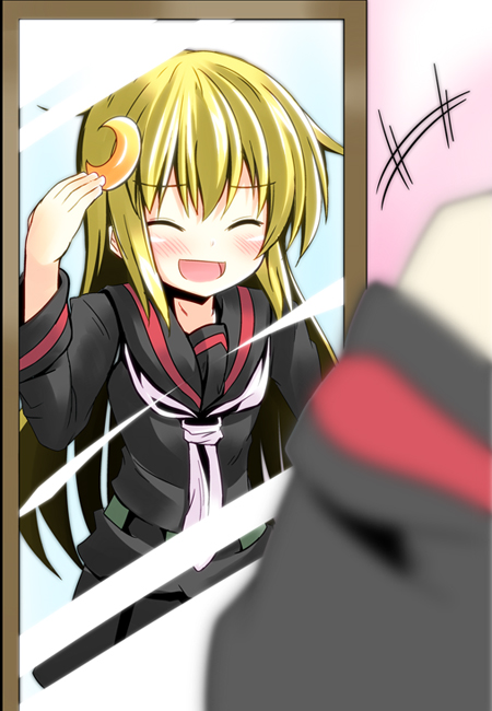 1girl, ^_^, alternate_hairstyle, blush, closed_eyes, crescent, hair_down, ichimi