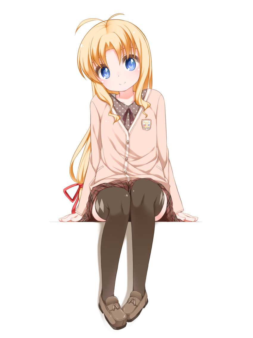 1girl, antenna_hair, argyle, argyle_legwear, black_legwear, blonde_hair, blue_eyes, blush