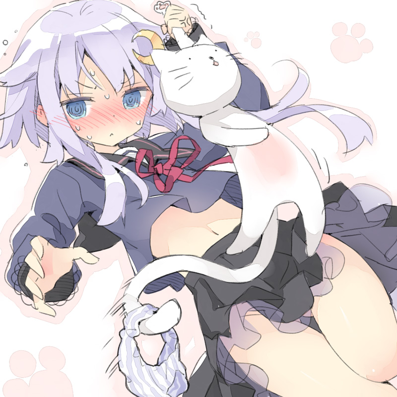 1girl, @_@, batsubyou, blue_eyes, blush, cat, crescent_hair_ornament, hair_ornament