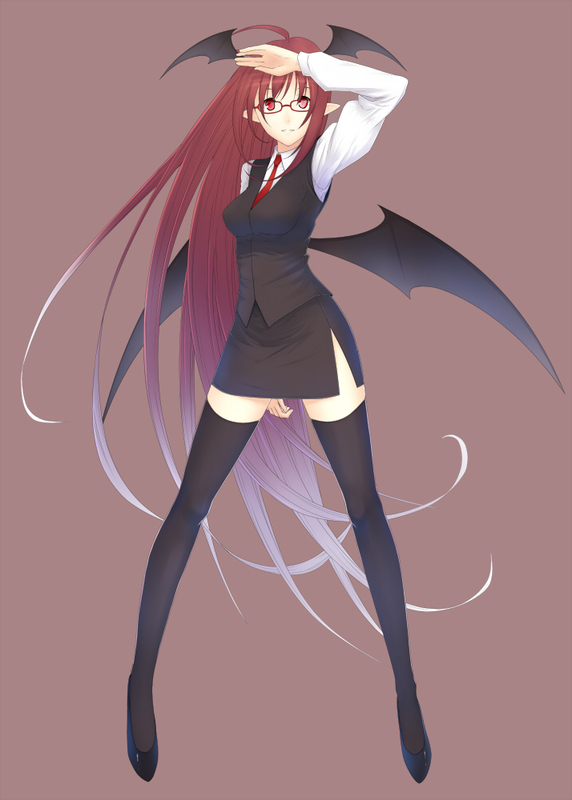 bat_wings, dress, formal, high_heels, hiroya_juuren, koakuma, miniskirt, necktie