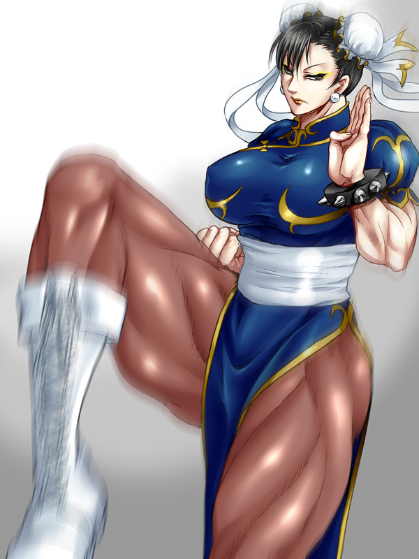 1girl, black_hair, boots, bracelet, breasts, brown_eyes, bun_cover, capcom, china_dress, chinadress, chinese_clothes, chun-li, cross-laced_footwear, double_bun, earrings, erect_nipples, eyeshadow, fighting, fighting_pose, fighting_stance, hair_bun, jewelry, joka_(hiwai), knee_boots, lace-up_boots, large_breasts, leg_lift, leg_up, legs, lipstick, makeup, motion_blur, muscle, muscular_female, pantyhose, sash, short_hair, solo, spiked_bracelet, spikes, street_fighter, thick_thighs, thighs, white_boots