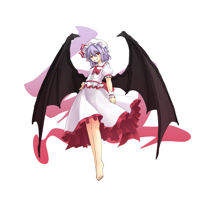 bat_wings, feet, grin, hat, highres, lavender_hair, mikago_kotaro, red_eyes