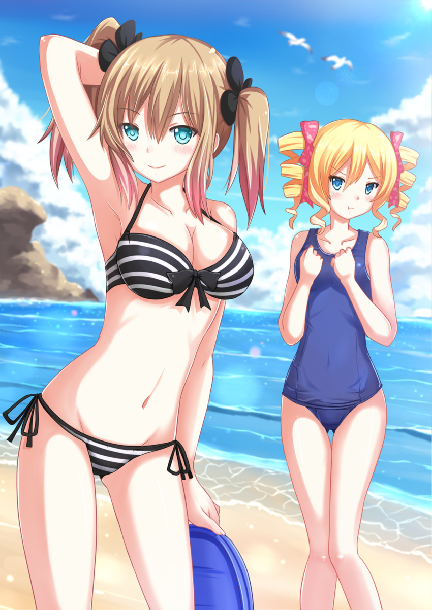 2girls, beach, bikini, bird, blonde_hair, blue_eyes, breast_envy, brown_hair