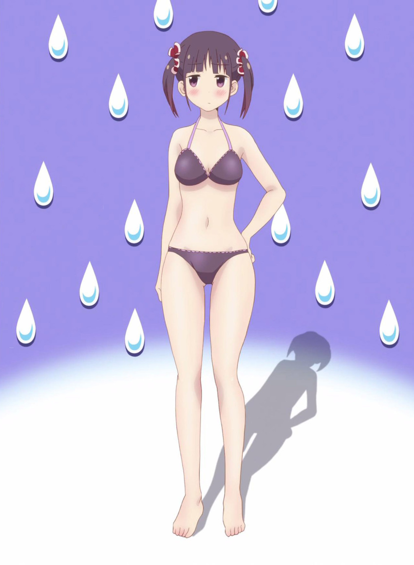 1girl, barefoot, bikini, blush, breasts, feet, hair_ornament, highres