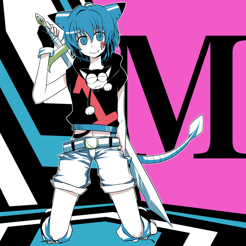 1boy, bangs, blue_eyes, blue_hair, character_name, closed_eyes, cyborg_kuro-chan, facepaint