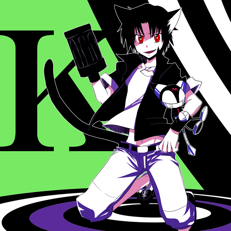 1boy, animal_ears, bangs, belt, black_hair, cat_ears, cat_tail, collarbone, cyborg_kuro-chan, fangs, gatling_gun, gun, hinashio, jacket, kneeling, kuro_(cyborg_kuro-chan), looking_at_viewer, m_(cyborg_kuro-chan), navel, open_mouth, pants, personification, red_eyes, shadow, shoes, short_hair, t-shirt, tail, weapon, wristband