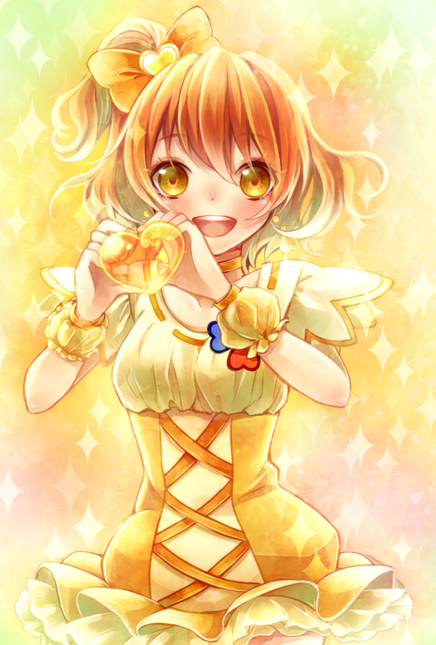 1girl, :d, bow, brown_hair, choker, cure_pine, fresh_precure!, hair_bow