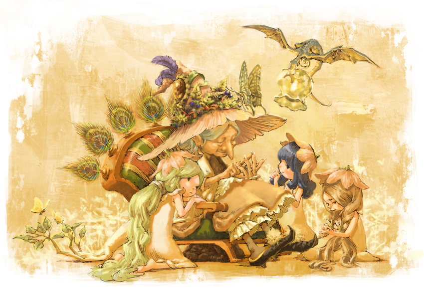 blue_hair, butterfly, chair, child, closed_eyes, dragon, dress, fantasy, flower, green_hair, hat, long_hair, multiple_girls, old_woman, original, sakanaya, shoes, sitting, witch