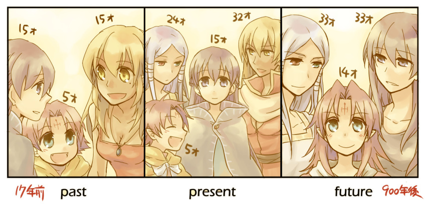 4girls, :d, age_progression, blonde_hair, blue_eyes, breasts, cape, cleavage