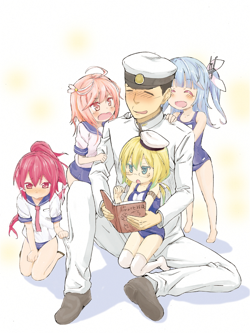 1boy, 4girls, admiral_(kantai_collection), blonde_hair, blue_hair, blush, book, child