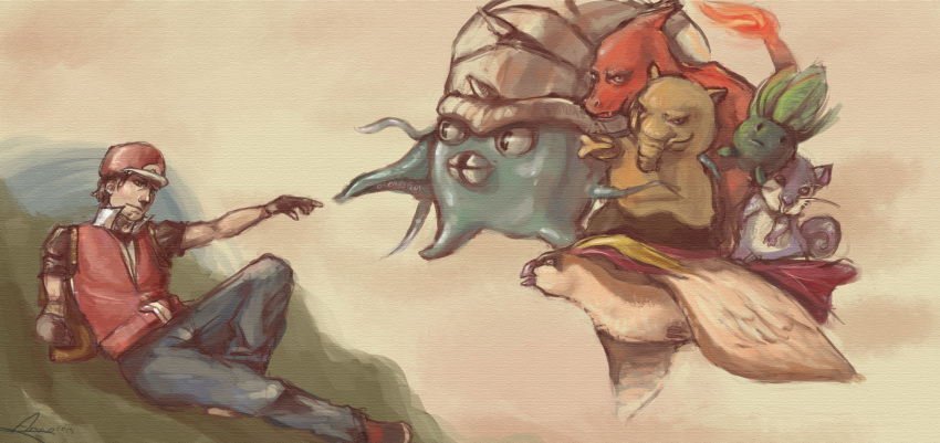 1boy, absurdres, anneuh, charmeleon, drowzee, fine_art_parody, highres, oddish