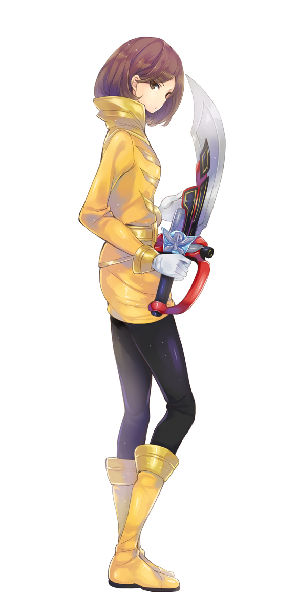 1girl, brown_eyes, brown_hair, chiko_(mizuho), female, gokai_yellow, highres, kaizoku_sentai_gokaiger, looking_at_viewer, luka_millfy, solo, super_sentai, sword, weapon