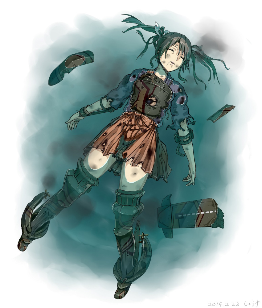 blood, boots, damaged, hair_ribbon, highres, injury, japanese_clothes, kantai_collection, long_hair, muneate, partially_submerged, personification, ribbon, sinking, skirt, thigh-highs, thigh_boots, touniyuu_purin, twintails, zuikaku_(kantai_collection)