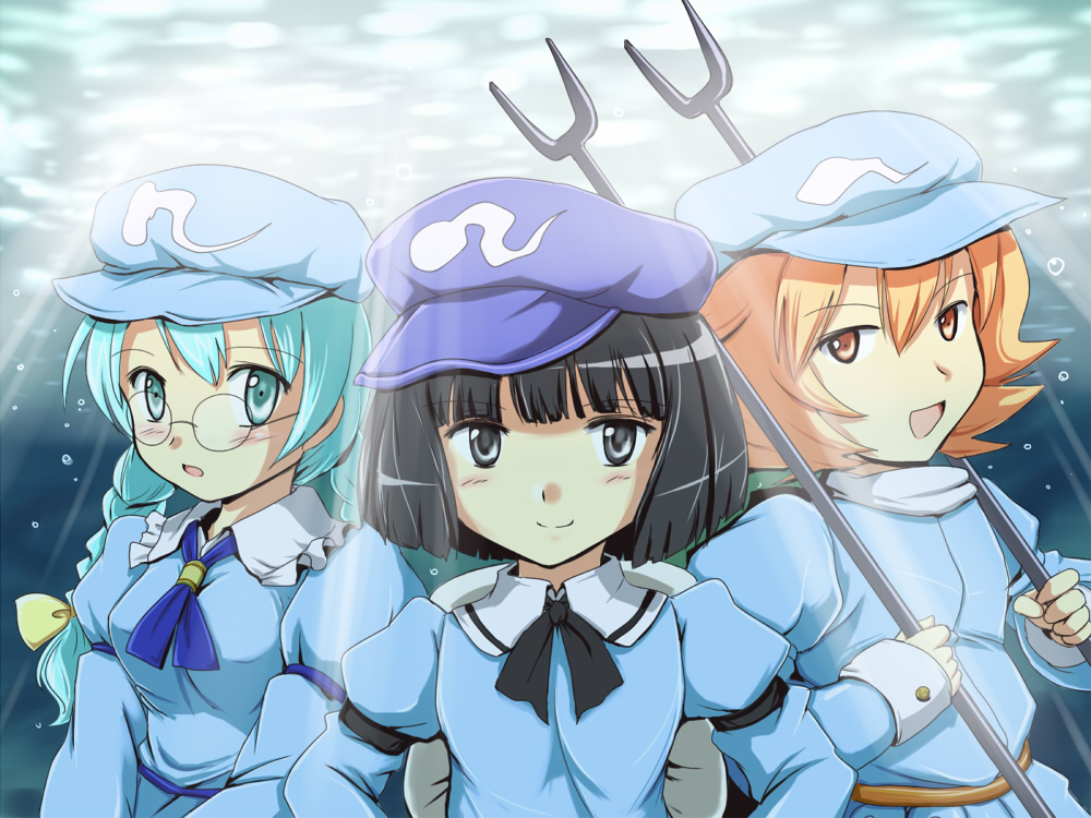 3girls, black_eyes, black_hair, braid, dark_haired_kappa, flx, glasses, glasses_kappa