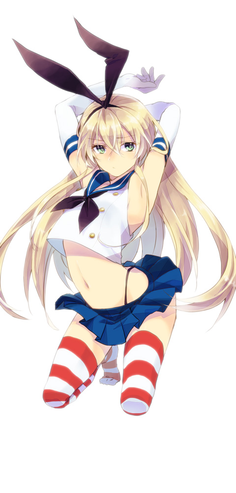 1girl, arms_up, blonde_hair, elbow_gloves, gloves, kantai_collection, kneeling, long_hair