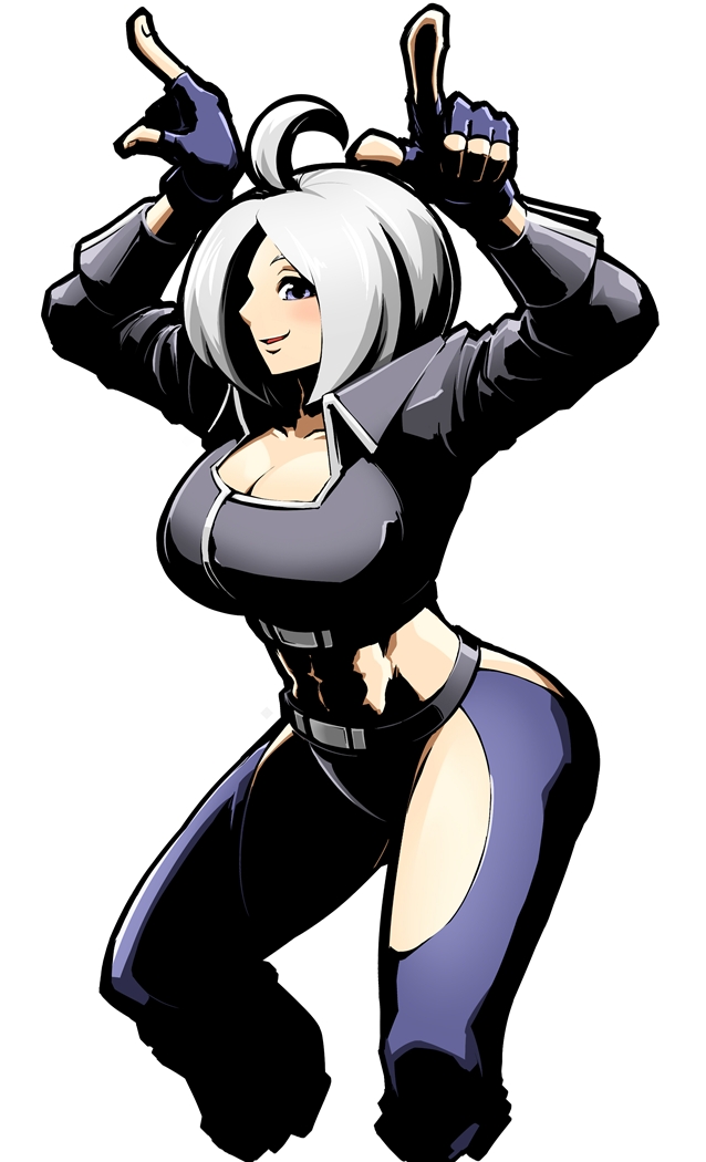 1girl, abs, ahoge, angel_(kof), belt, blue_eyes, breasts, chaps
