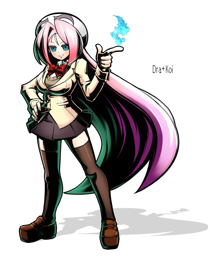 1girl, blazer, blue_eyes, blue_fire, bowtie, breasts, dra+koi, finger_gun