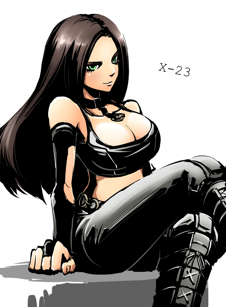 1girl, blush, boots, breasts, bridal_gauntlets, brown_hair, cleavage, collar