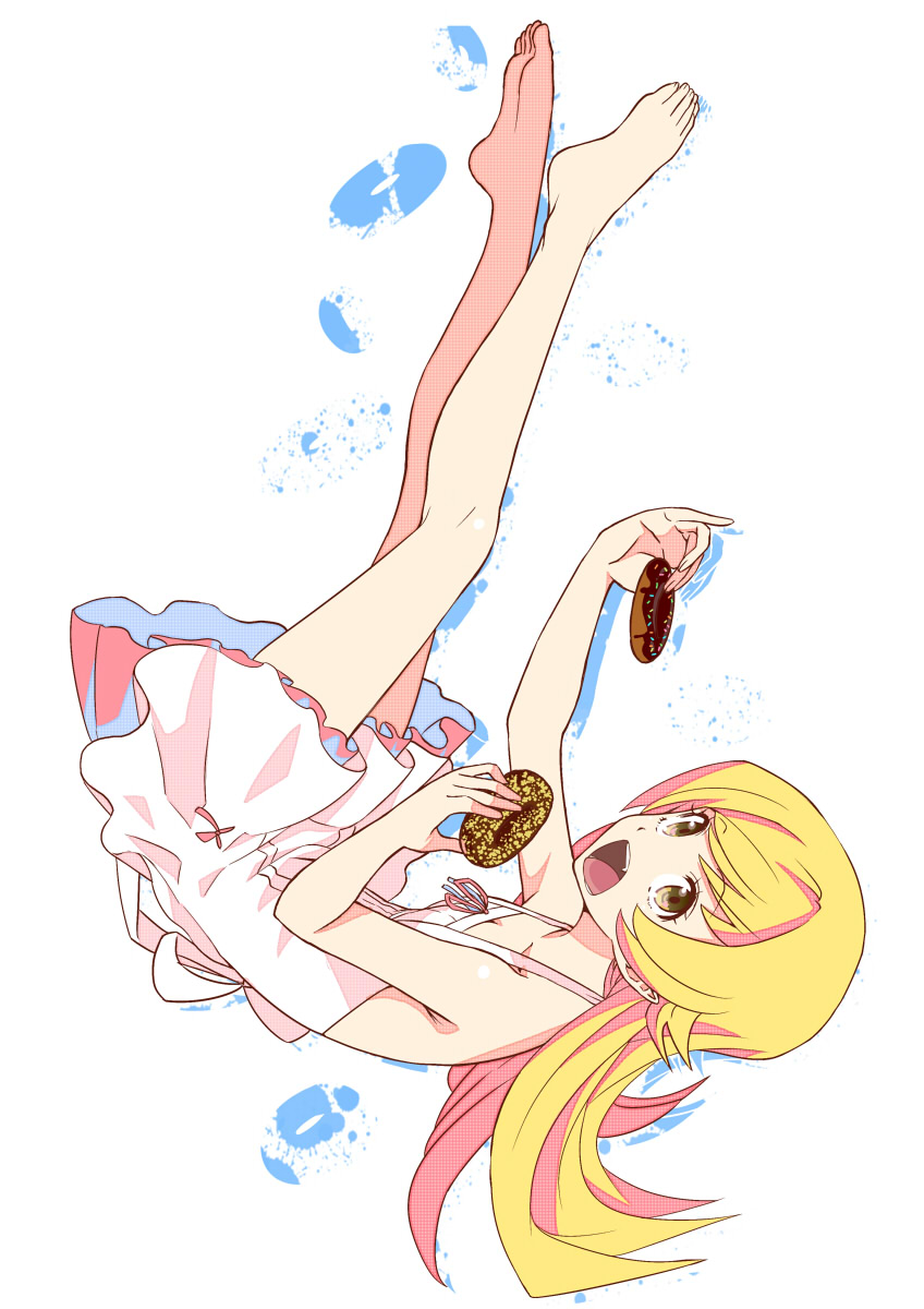 1girl, barefoot, blonde_hair, doughnut, dress, highres, ishigana_(3104benzie), long_hair