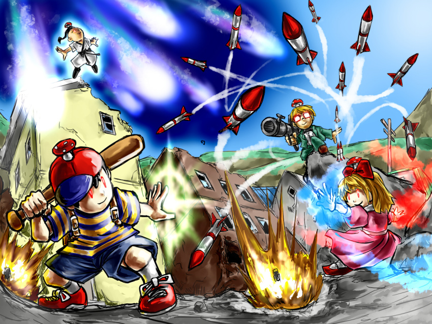1girl, 3boys, baseball_bat, baseball_cap, destruction, explosion, glowing, glowing_eyes