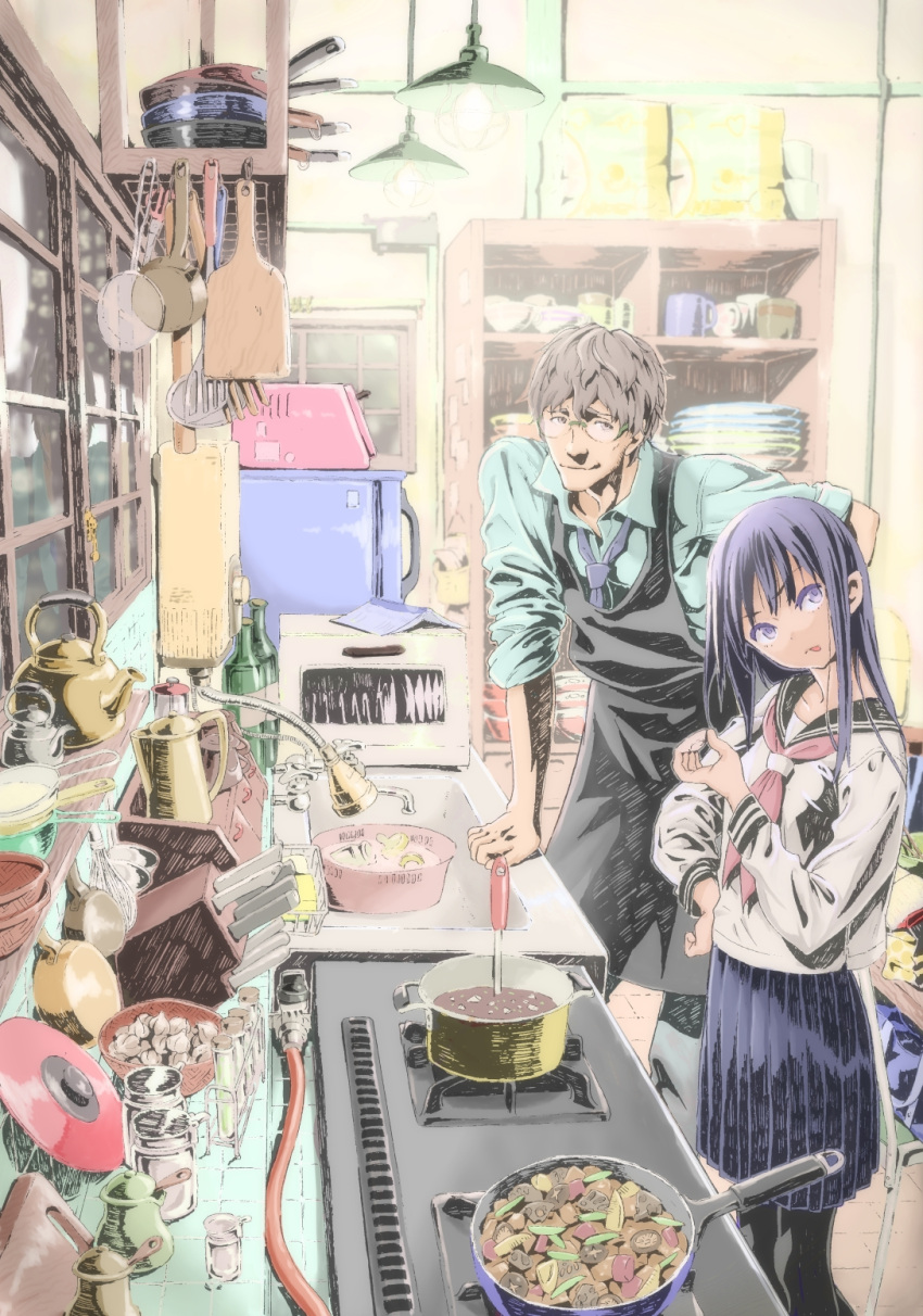 1boy, 1girl, :q, apron, black_legwear, blue_eyes, blue_hair, cooking, food, frying_pan, garlic, glasses, head_tilt, highres, kitchen, necktie, original, pantyhose, school_uniform, serafuku, skirt, sleeves_rolled_up, tongue, tsukinowa_kousuke