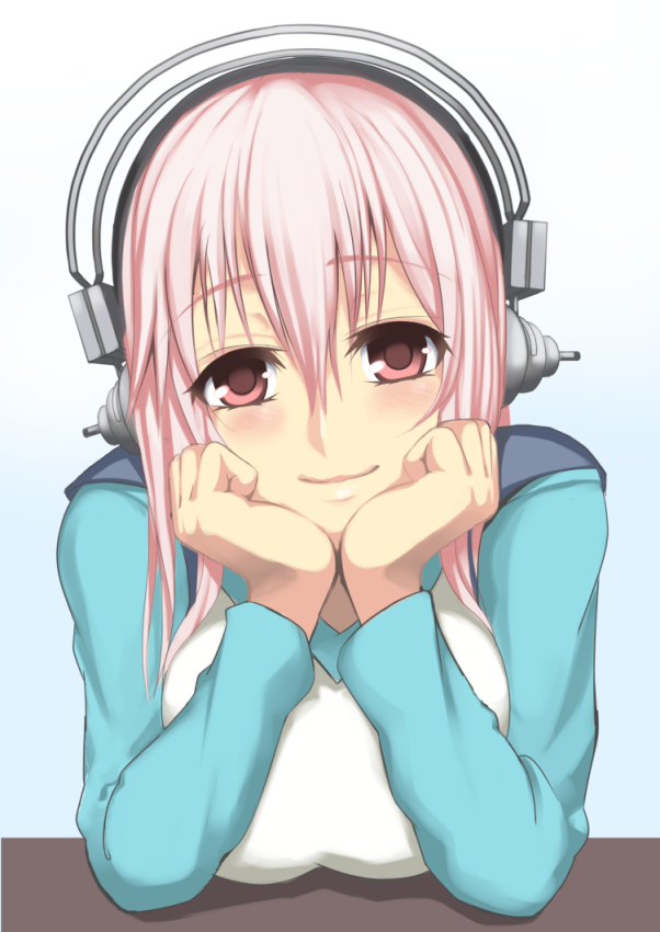 1girl, blush, breasts, deni_m, hands_on_own_cheeks, hands_on_own_face, headphones, large_breasts