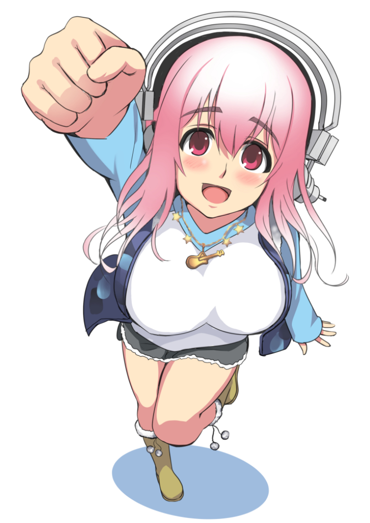 1girl, blush, breasts, deni_m, headphones, large_breasts, long_hair, looking_at_viewer, nitroplus, open_mouth, pink_eyes, pink_hair, smile, solo, super_sonico