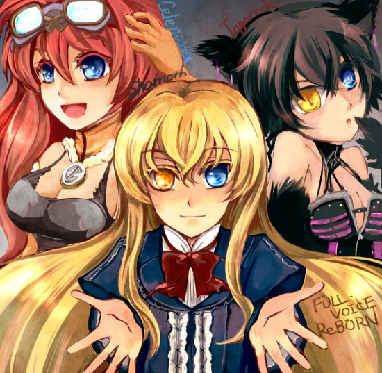 3girls, animal_ears, ati, black_hair, blonde_hair, blue_eyes, bow, cat_ears