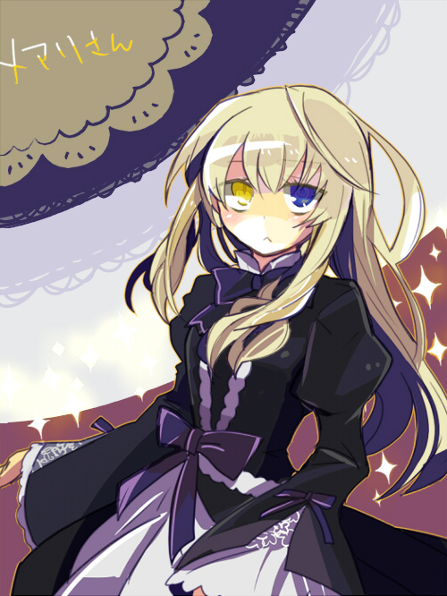 1girl, :<, black_dress, blonde_hair, blue_eyes, bow, character_name, dress