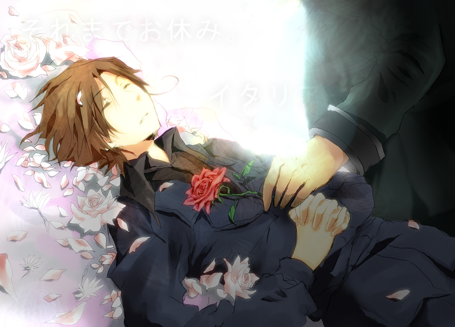 2boys, ahoge, axis_powers_hetalia, bangs, brown_hair, closed_eyes, collared_shirt, death