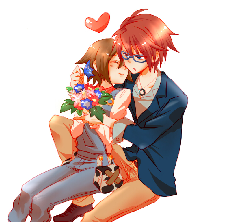 1boy, 1girl, allen_(harvest_moon), blue_eyes, bouquet, brown_hair, closed_eyes, couple
