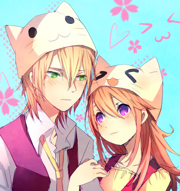 1boy, 1girl, blonde_hair, blush, brown_hair, couple, green_eyes, harvest_moon, hat, kamil_(harvest_moon), lillian_(harvest_moon), miyadevil, smile, violet_eyes