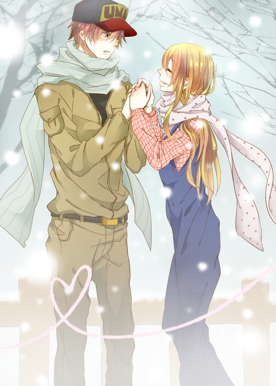 1boy, 1girl, baseball_cap, blonde_hair, blush, brown_hair, claire_(harvest_moon), closed_eyes, couple, gray_(harvest_moon), greytea, harvest_moon, hat, holding_hands, long_hair, overalls, scarf, short_hair