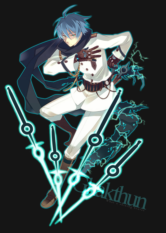 1boy, ahoge, aiguillette, belt, black_background, blue_hair, boots, copyright_name