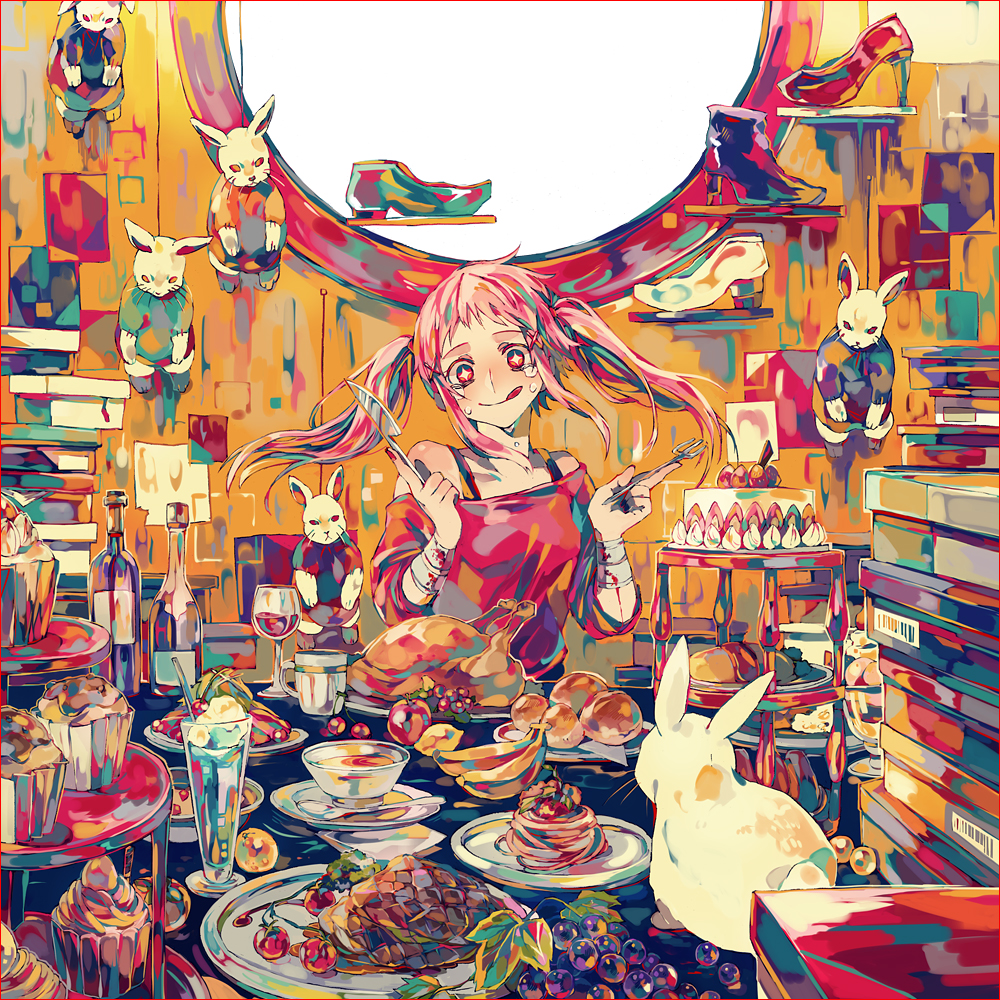 1girl, apple, banana, bare_shoulders, cake, cherry, cupcake, feast