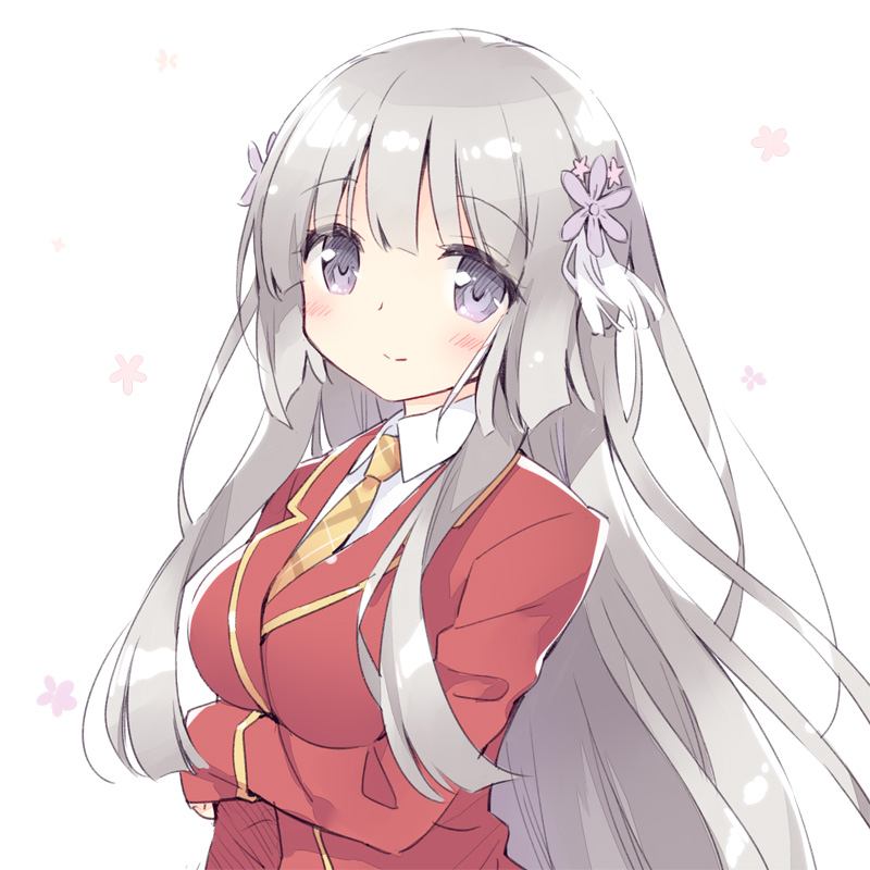 1girl, blush, female, hair_ornament, kokubyakuin_seira, long_hair, long_sleeves, necktie, ore_no_nounai_sentakushi_ga_gakuen_love-comedy_wo_senryoku_de_jama_shiteru, peko, school_uniform, silver_hair, simple_background, smile, solo, violet_eyes, white_background