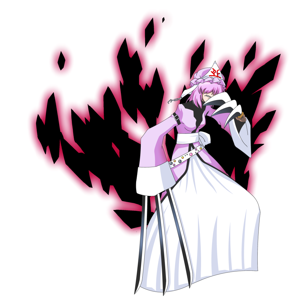 claws, fangs, hair_over_eyes, hat, long_sleeves, pink_hair, saigyouji_yuyuko, sorano