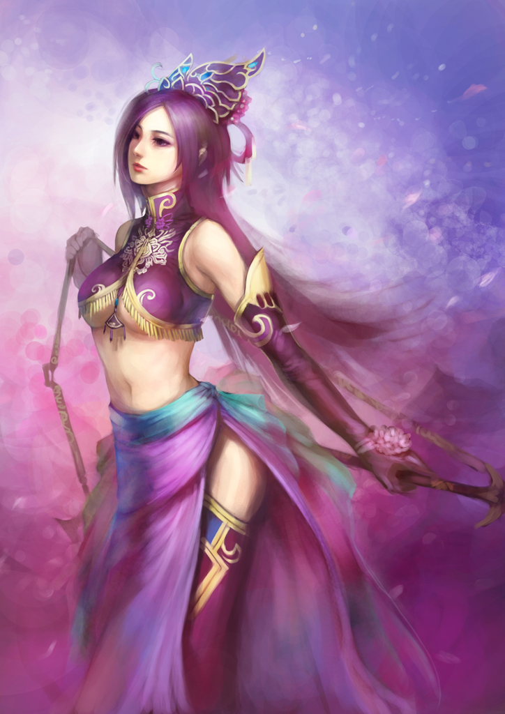 1girl, breasts, diao_chan, elbow_gloves, gloves, hair_ornament, long_hair, midriff