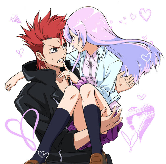 1boy, 1girl, carrying, couple, finger_to_another's_mouth, heart, hetero, himekawa_elena