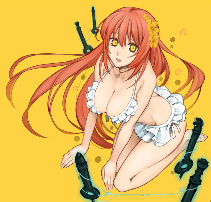 1girl, bikini, breasts, cleavage, flower, hair_flower, hair_ornament, kneeling