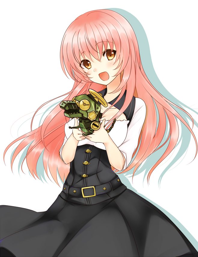 1girl, :d, belt, black_dress, brown_eyes, dress, gatakenjin, long_hair