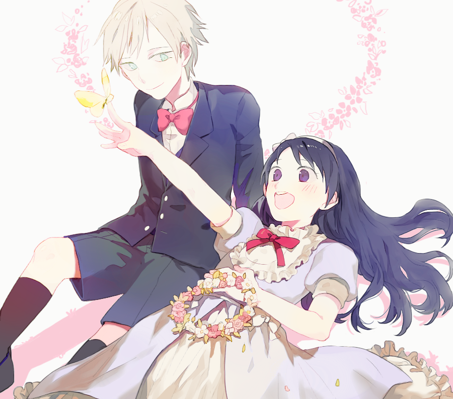 1boy, 1girl, blonde_hair, butterfly, chloe_ardenne, chloe_no_requiem, dress, flower